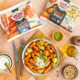 Poêlée minutes de carottes et pommes de terre, burrata et pesto